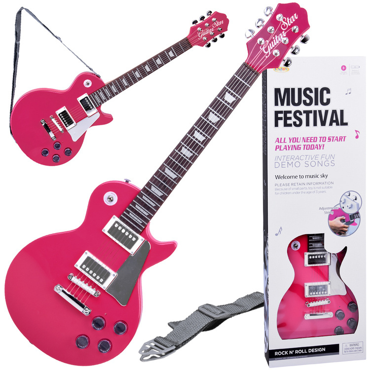 JOKO Detská Elektrická Gitara s kovovými strunami 69cm + popruh a melódie, ružová