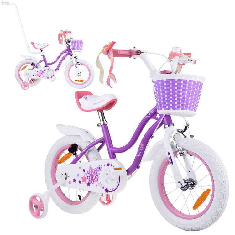 RoyalBaby Detský Bicykel STAR GIRL 14" s košíkom a zvončekom + vodiaca tyč, fialový