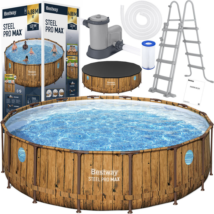 BESTWAY 56725 Bazén s kovovou konštrukciou Power Steel Swim Vista 7v1 488 cm x 122 cm + Filtračné čerpadlo + Rebrík + Plachta, imitácia dreva + 4 okienka dookola bazéna pre zážitok z potápania