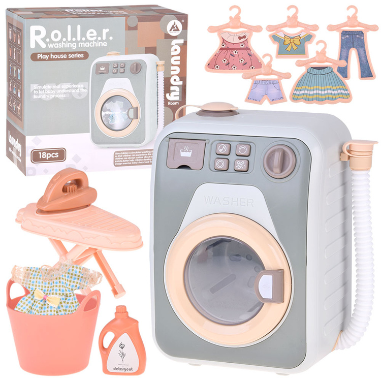 JOKO Sada Detská Práčka na Vodu so svetlom a hudbou na batérie + šaty pre bábiku, žehlička, žehliaca doska, kôš na prádlo, vešiaky na šaty, modrá