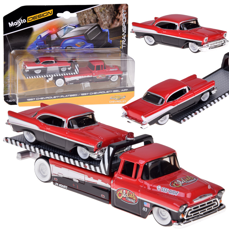 Maisto Kovový set 1:64 - odťahové vozidlo CHEVROLET Flatbed 1957 a CHEVROLET Bel Air